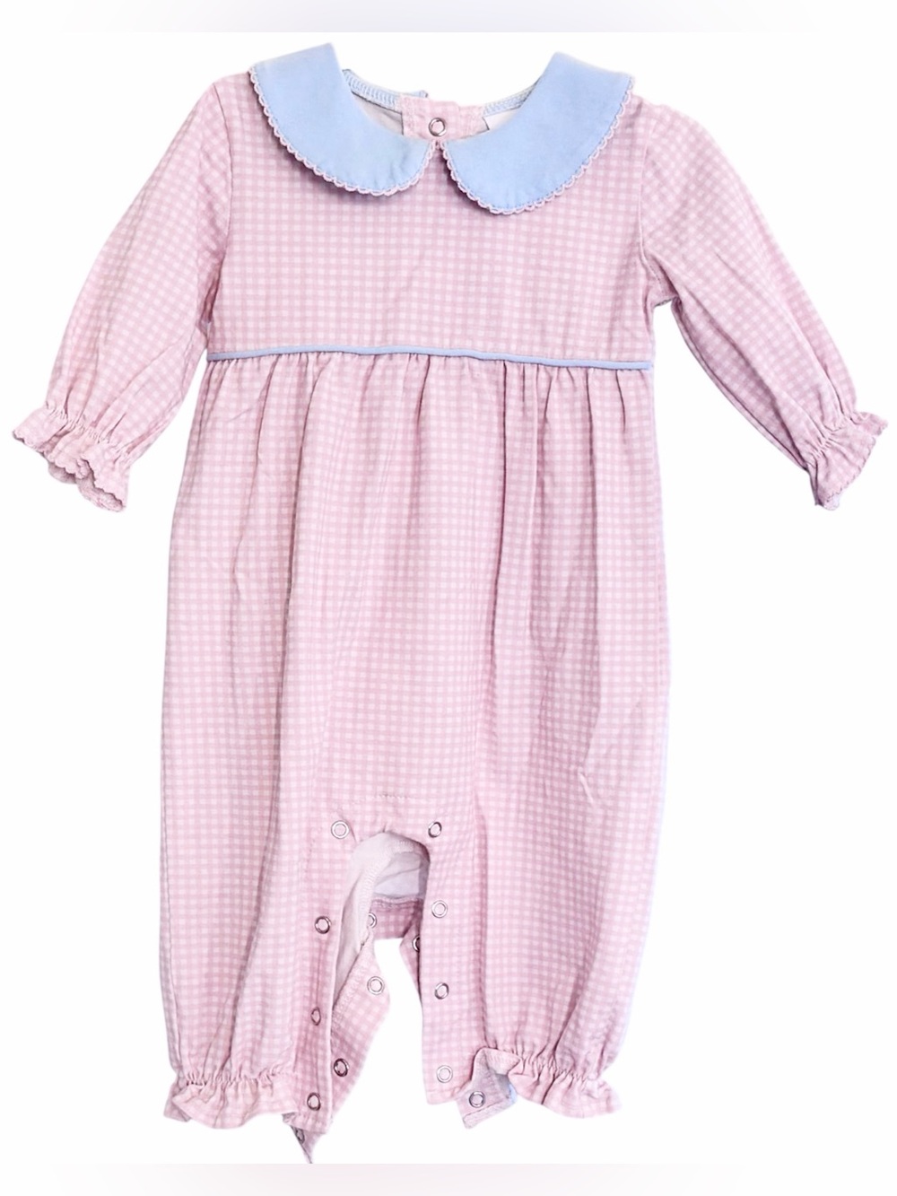 Stitchy Fish Grace Gingham Romper, Baby Girl Pink Blue White Peter Pan Collar